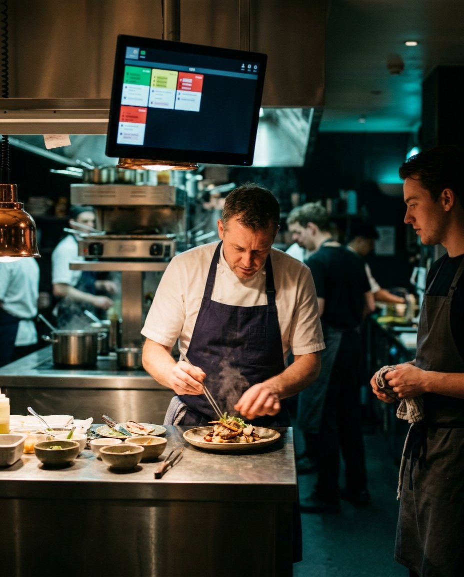 Restaurant kitchen pass with a kitchen display screen during service