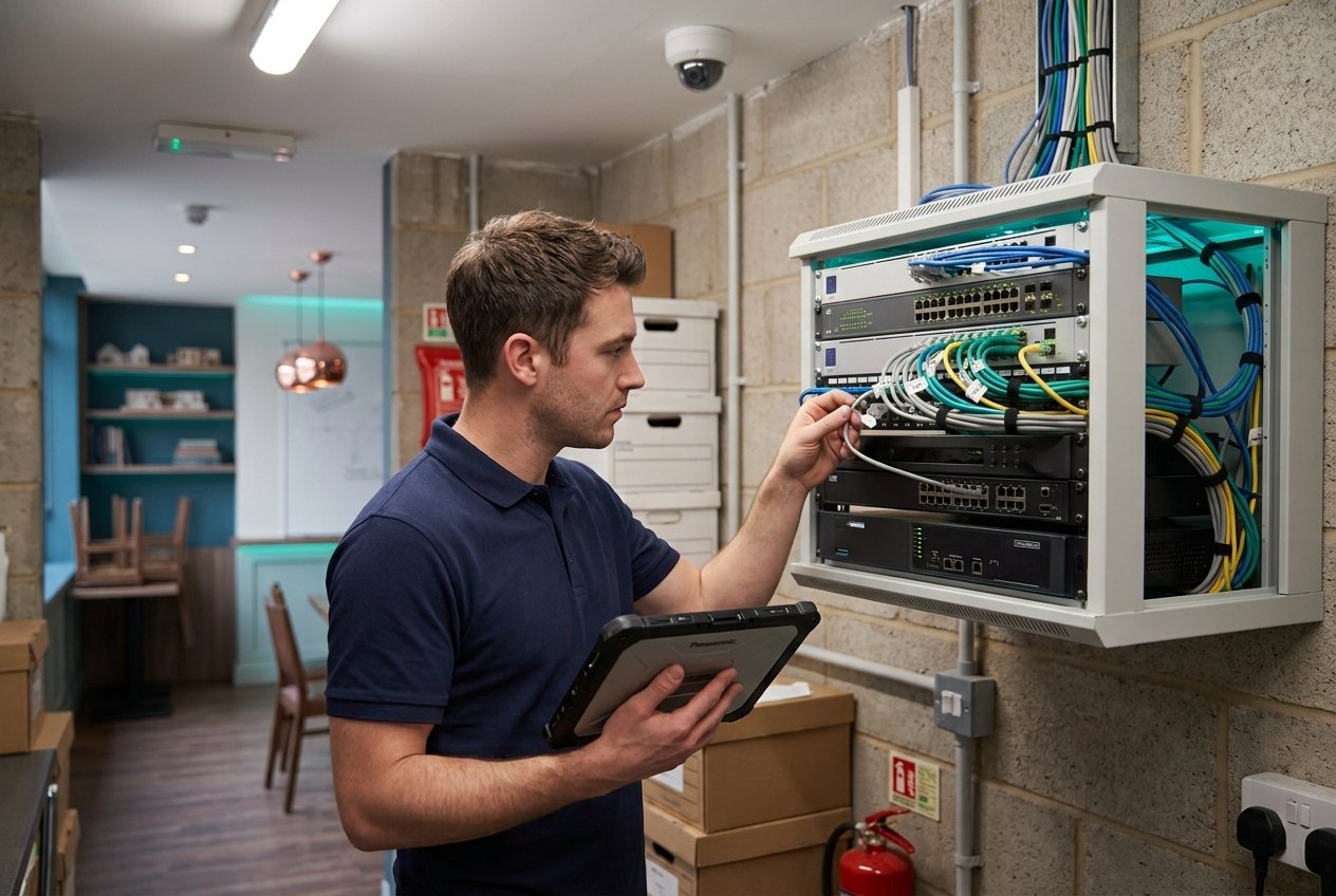Technician installing network equipment in a restaurant back office