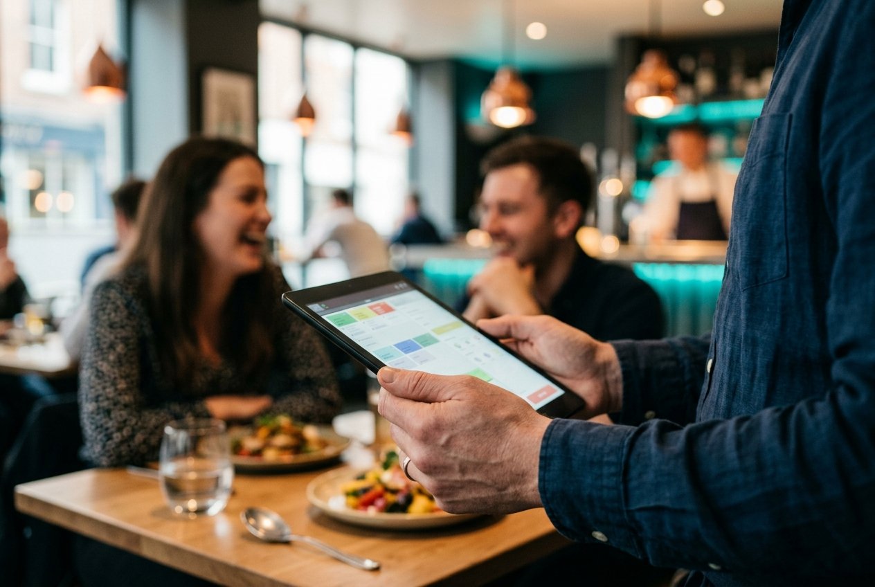 Server using a handheld point of sale terminal in a restaurant